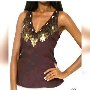 $159 Lauren Ralph Lauren Blouse Women Brown Sleeveless Embellished Glitter